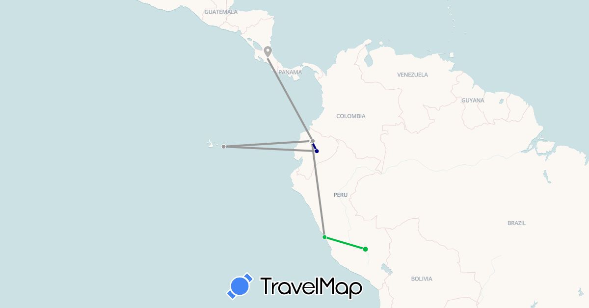 TravelMap itinerary: driving, bus, plane in Costa Rica, Ecuador, Peru (North America, South America)